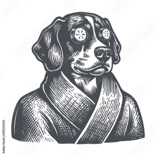 Vintage Style Engraving of a Relaxed Dog in a Bathrobe with Cucumbers