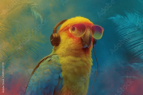 cheerful parrot with 80s sunglasses and walkman, tropical backdrop, vaporwave vibe