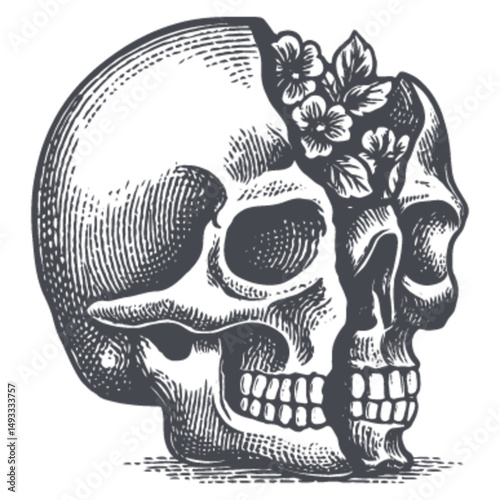 Detailed Engraving of Skull with Floral Elements in Vintage Style
