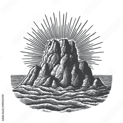 Detailed Illustration of Rocky Island with Radiant Sun Rays