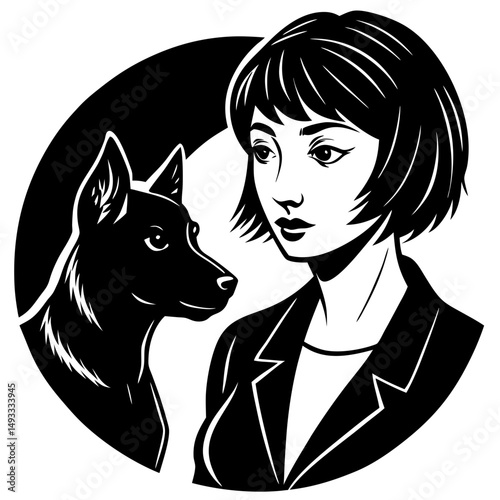 Stylish Woman with Bob Haircut and Loyal Dog Companion