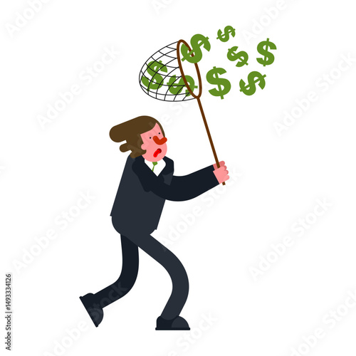 BusinessMan catches money with Butterfly net . Concept of catching money. Getting rich and increasing finances.