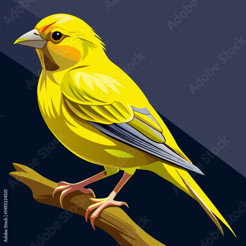 Vibrant Yellow Canary Bird Perched on Branch Illustration
