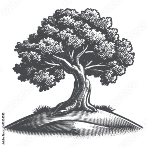 Detailed Engraving of a Majestic Tree on a Hilltop Landscape