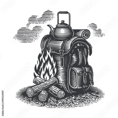Rustic Camping Backpack with Kettle and Firewood Illustration
