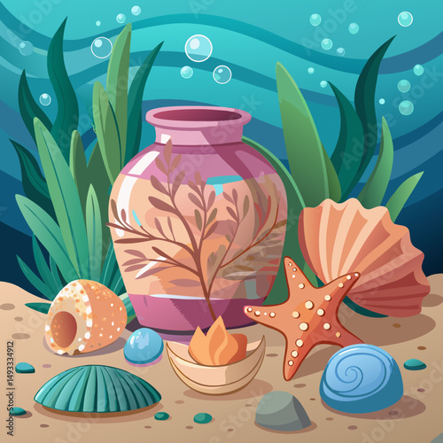 Undersea Scene with Vase Shells Starfish and Seaweed