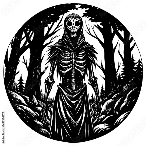Skeletal Figure in Hooded Robe Walking Through Dark Forest