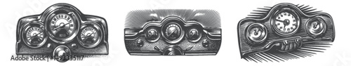 Intricate Engraving of Classic Car Dashboard Instruments and Gauges