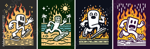 Fun and Colorful Doodle Illustrations of Cartoon Characters on Fire