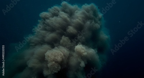 A large plume of dark sediment suspended in deep blue ocean water creating a cloud