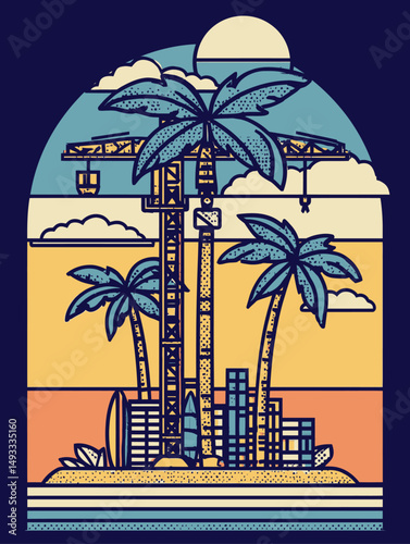 Tropical Construction Scene with Cranes and Palm Trees Illustration