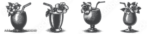 Vintage Engraved Illustrations of Decorative Cocktail Drinks