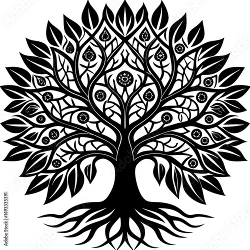 Ornate Black and White Tree of Life Illustration
