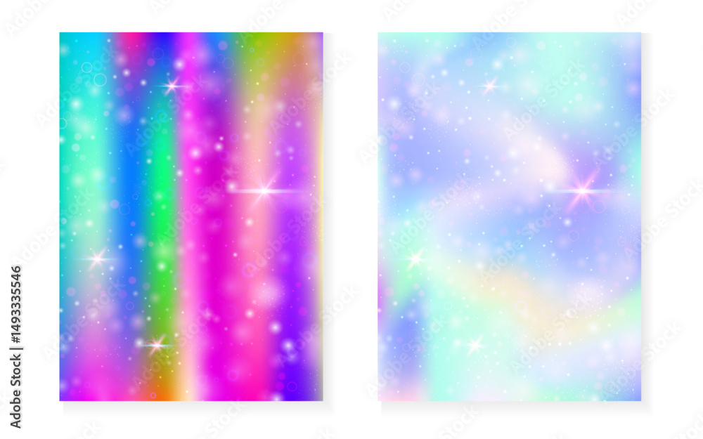 Unicorn background with kawaii magic gradient. Princess rainbow hologram. Holographic fairy set. Bright fantasy cover. Unicorn background with sparkles and stars for cute girl party invitation.