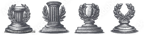 Decorative Engravings of Classical Columns and Laurel Wreaths