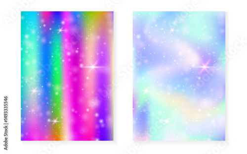 Unicorn background with kawaii magic gradient. Princess rainbow hologram. Holographic fairy set. Bright fantasy cover. Unicorn background with sparkles and stars for cute girl party invitation.