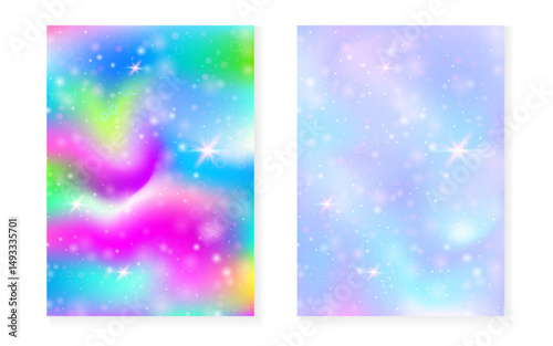 Princess background with kawaii rainbow gradient. Magic unicorn hologram. Holographic fairy set. Creative fantasy cover. Princess background with sparkles and stars for cute girl party invitation.