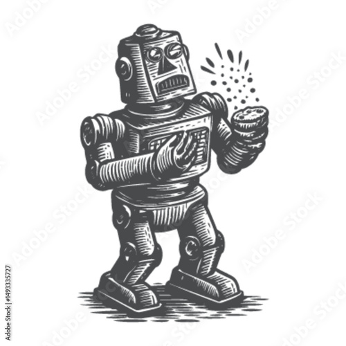 Vintage Robot Illustration in Engraving Style with Detailed Features
