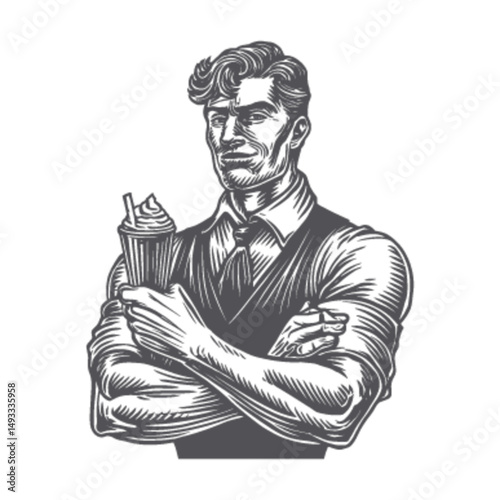 Vintage Engraving of a Confident Man Holding a Beverage Illustration
