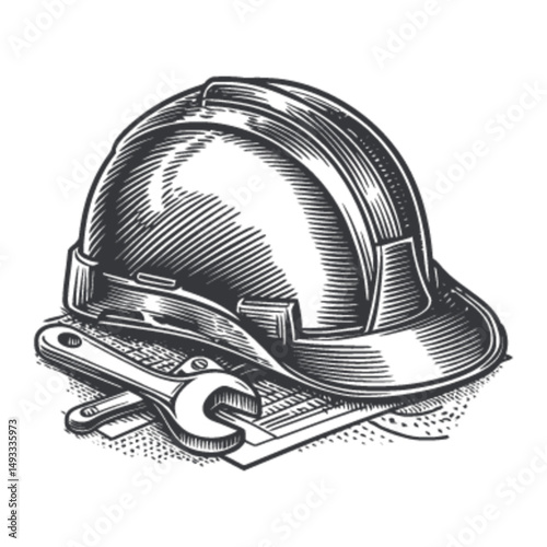 Vintage Engraving of Hard Hat and Wrench on Architectural Blueprint