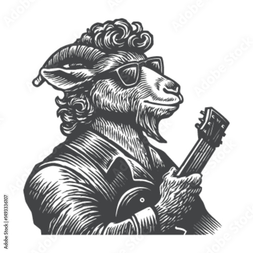 Stylish Goat Playing Guitar in Vintage Engraving Style Art