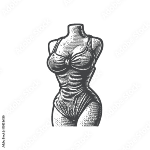 Vintage Fashion Illustration of a Swimsuit Mannequin in Engraving Style