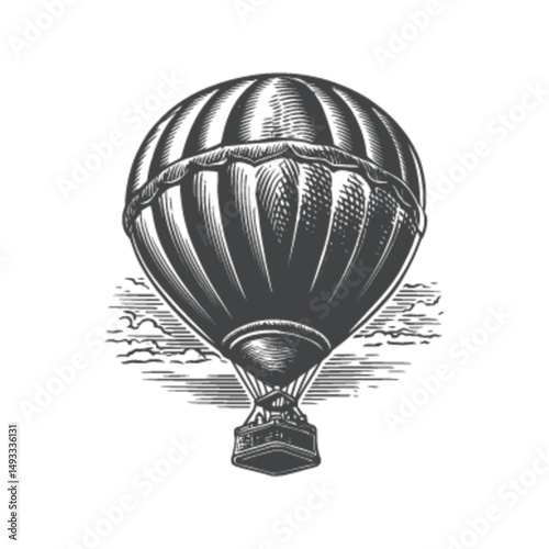 Vintage Hot Air Balloon Engraving Illustration in Black and White