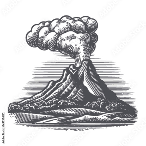 Vintage Engraving of Erupting Volcano with Dramatic Smoke Clouds