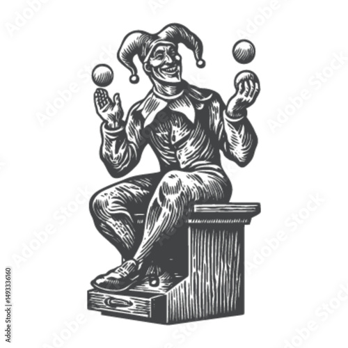 Jester Illustration with Juggling Balls in Engraved Style Artwork