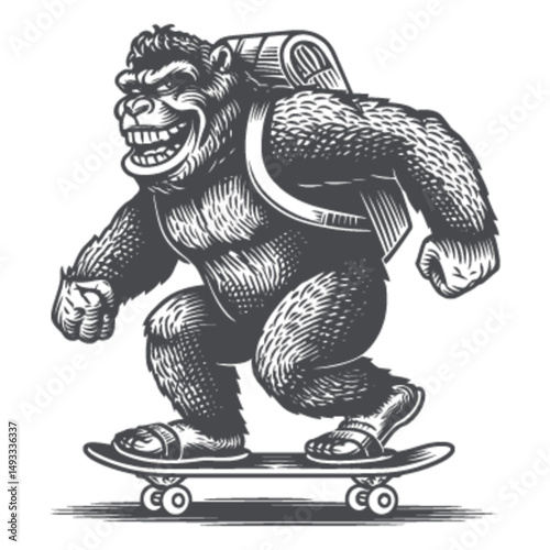 Artistic Monkey Character Skateboarding with Backpack in Woodcut Style