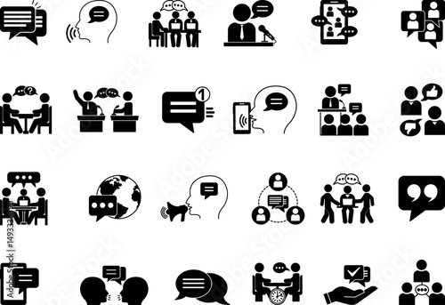 Black Speaking Icon Set. Vector Illustrations Communication, Comments, Consultation, Conversation, Speech, Debate, Discourse, Discussion, Chat, Language, Speech Bubble, and More