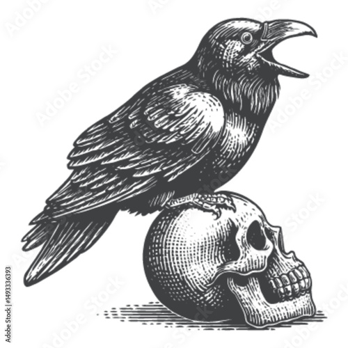 Raven Illustration on Skull Engraving in Vintage Style Art