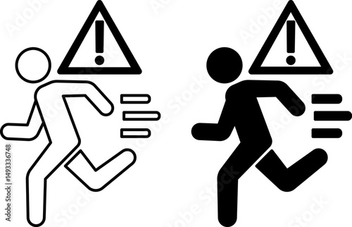Escape Icons. Black and White Vector Illustrations. Running Man and Prohibition Sign. Running Concept