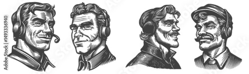 Vintage Engraved Portraits of Men with Headsets and Facial Hair