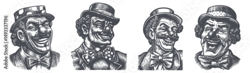 Vintage Engraved Illustrations of Merry Smiling Clowns in Bowties
