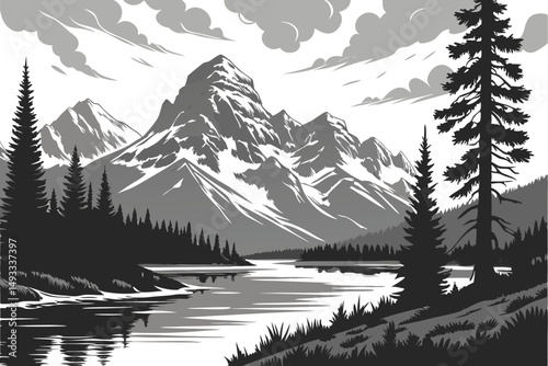  black and white landscape, snow-capped mountains, reflective lake, pine forest, cloudy sky, peaceful, serene, tranquil, dramatic, moody, atmospheric, detailed, cinematic, high quality, award-winnin