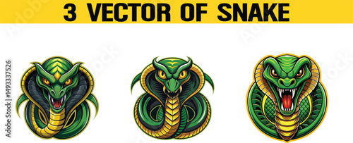 Three stylized cobra snake head portraits vector art