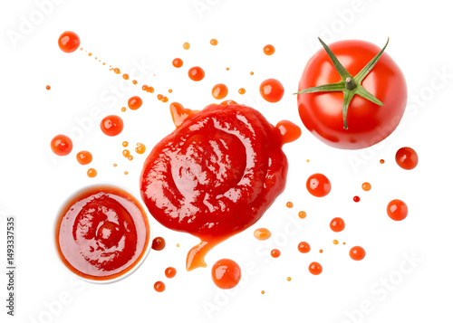 Top view set of tomato fruit with tomato sauce or ketchup splashing isolated on white background and generated with AI photo