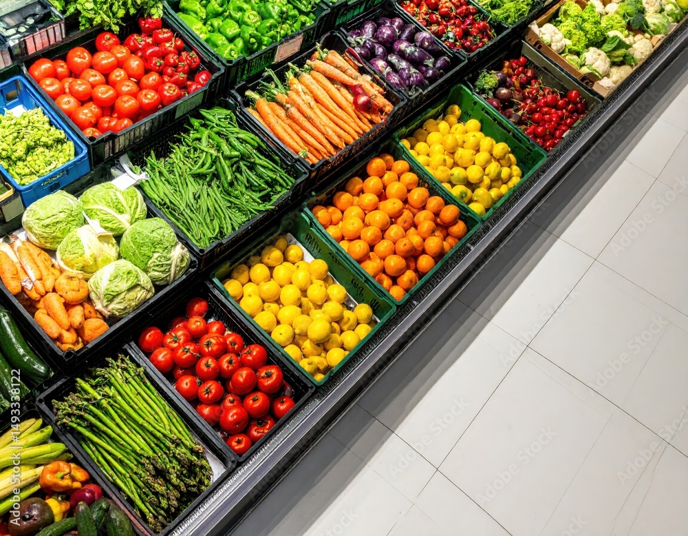 Obraz premium Fresh organic vegetables and fruits displayed in grocery store aisle