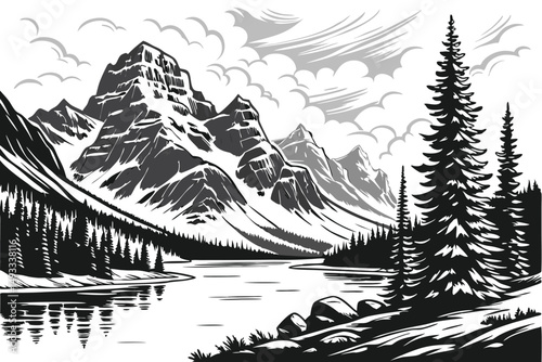  black and white landscape, snow-capped mountains, reflective lake, pine forest, cloudy sky, peaceful, serene, tranquil, dramatic, moody, atmospheric, detailed, cinematic, high quality, award-winnin