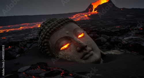 Buddha head amid lava flow volcano