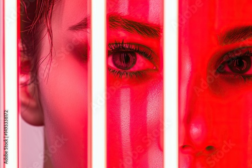 Abstract woman portrait with glass texture. Glitched and corrupted female face. Beautiful girl. Model hidden behind mirror pattern. Neon red and pink Reeded Glass. Ribbed Background.