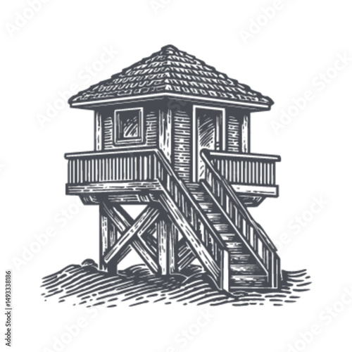 Detailed Engraving of a Lifeguard Tower in Vintage Style