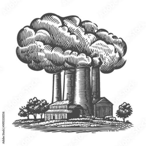 Vintage Engraving of Industrial Silo and Smoke Cloud Landscape