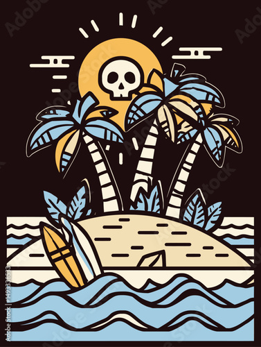 Vibrant Doodle Illustration of Island with Skull and Palms