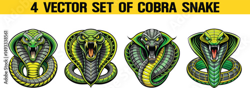 Three stylized cobra snake head portraits vector art