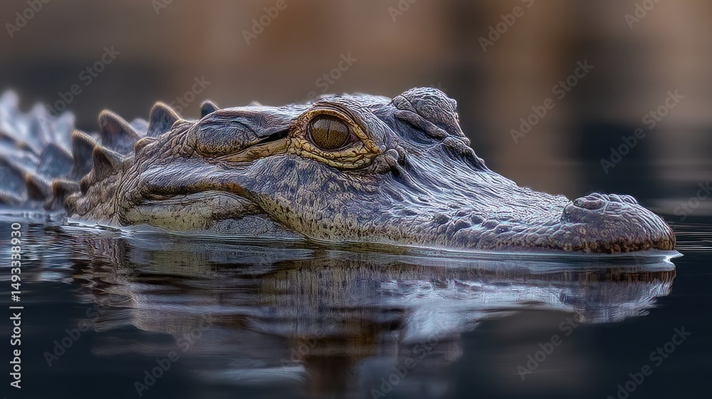 Naklejka premium A close-up of a crocodile's head partially submerged in water.