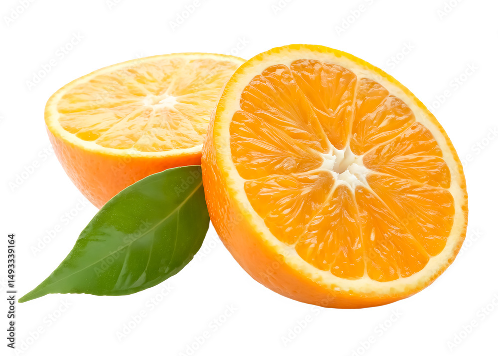 Fototapeta premium A heap of ripe orange fruit in two halves with green leaf in stack isolated on white background and generated with AI