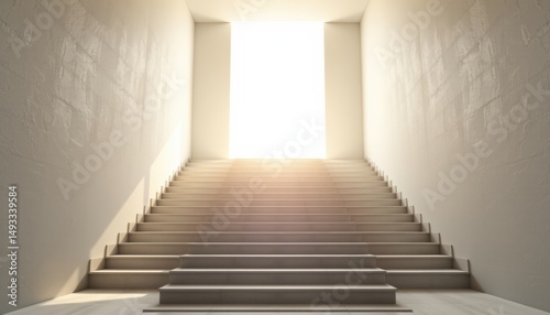 Staircase leading to bright light from an open door.