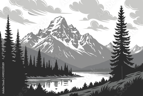  black and white landscape, snow-capped mountains, reflective lake, pine forest, cloudy sky, peaceful, serene, tranquil, dramatic, moody, atmospheric, detailed, cinematic, high quality, award-winnin